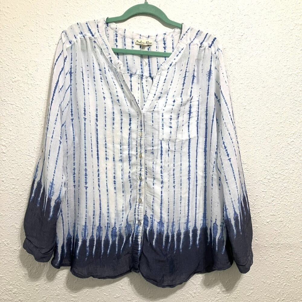Indigo Rose 1X Plus Size Blouse Blue White Shibori Tie Dye Roll Tab Sleeve Tunic